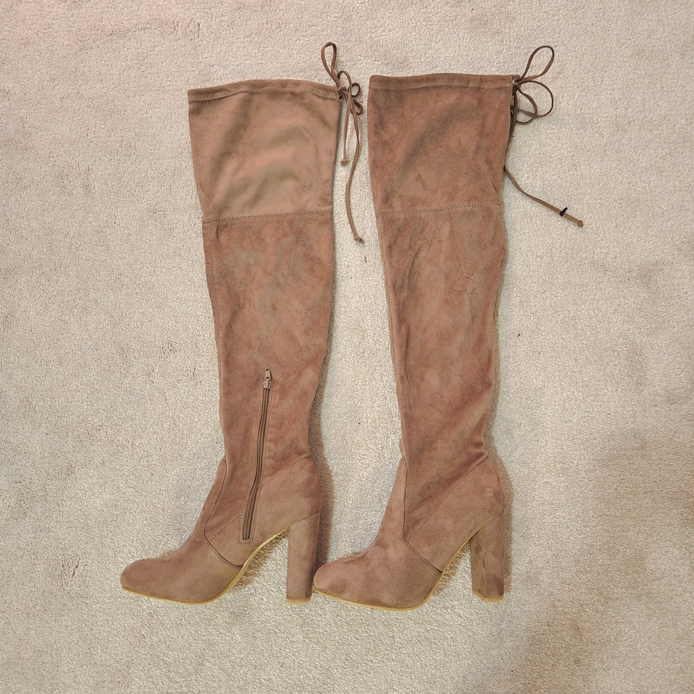 Elegant Camel-Taupe Colored Suede Over-the-Knee Boots